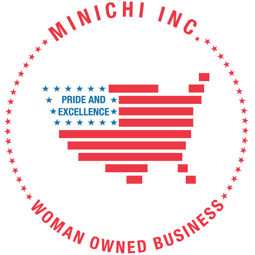 Circular logo with red stars encircling the words 'MINICHI INC.' and 'WOMAN OWNED BUSINESS,' featuring a stylized U.S. map in red with blue text 'Pride and Excellence' and stars.