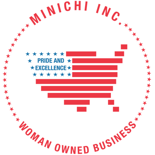 Circular logo with red stars encircling the words 'MINICHI INC.' and 'WOMAN OWNED BUSINESS,' featuring a stylized U.S. map in red with blue text 'Pride and Excellence' and stars.