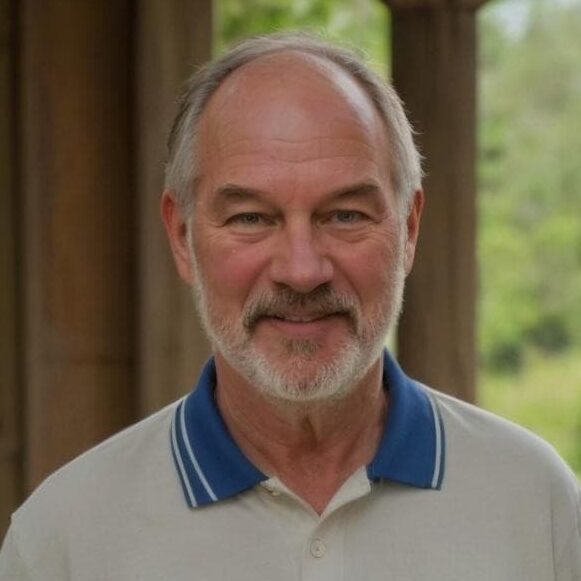 Older man named Fred Kohl with gray hair and a beard wears a cream-colored polo shirt with a blue collar, standing outside near wooden columns.