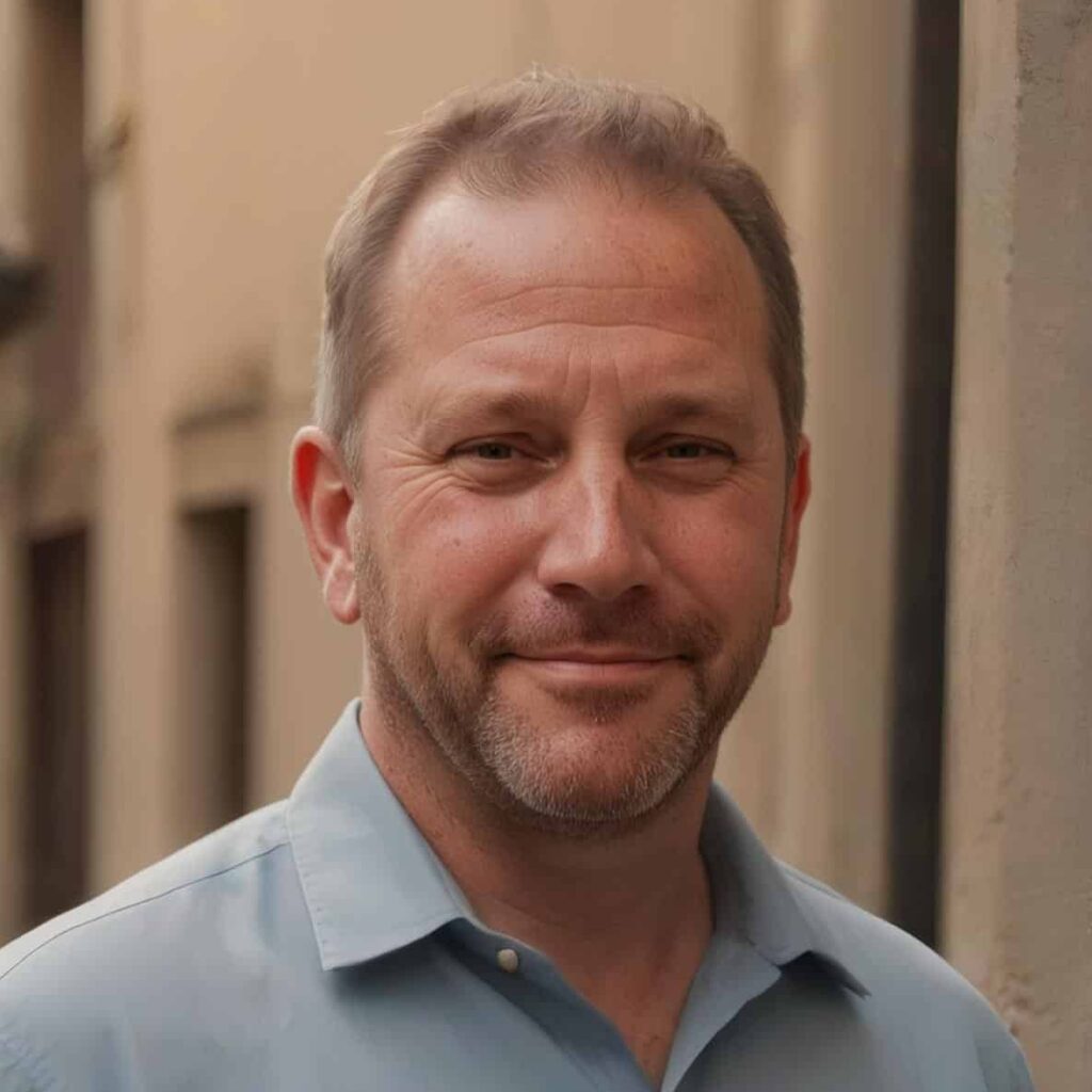 Man named Marty Shamro with short, light brown hair and trimmed beard smiles in a light blue collared shirt, standing in an outdoor urban setting.